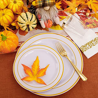 WDF 120 pieces Gold Disposable Plastic Plates - Gold Rim Plates Set of 60, Plastic Plates for Parties, Disposable Gold Party Plates, 10.25" Dinner Plates & 7.5" Salad Plates for Weddings and Holidays