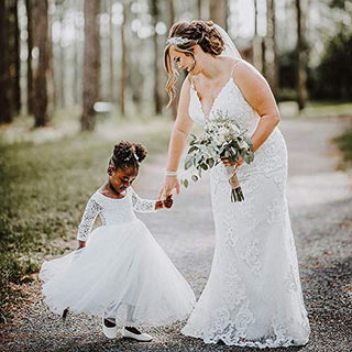 Girl Toddler Full-Length Straight Tulle Tutu Lace Back Party Flower Girl Dress (3-4T, Sleeve-White)