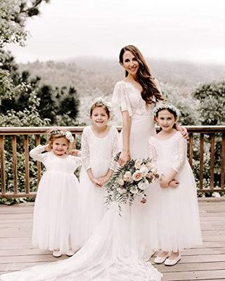 Girl Toddler Full-Length Straight Tulle Tutu Lace Back Party Flower Girl Dress (3-4T, Sleeve-White)