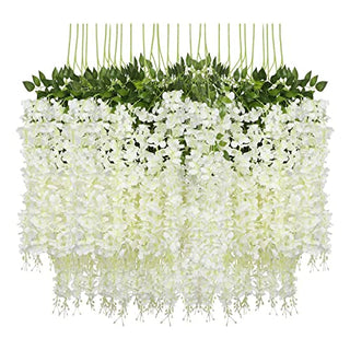 Pauwer Wisteria Hanging Flowers 24 Pack Fake Flower Garland Artificial Wisteria Vines Rattan Silk Flower String Wedding Party Wall Decorations,White