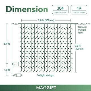 MAGGIFT 304 LED Curtain String Lights, 9.8 x 9.8 ft, 8 Modes Plug in Fairy String Light with Remote Control, Christmas, Backdrop for Indoor Outdoor Bedroom Window Wedding Party Decoration, Warm White