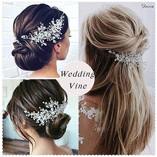 Unicra Bride Flower Wedding Hair Vine Crystal Bridal Hair Piece Rhinestone Party Hair Accessories Leaf Hair Jewelry Bead Headpiece for Women and Girls (Silver)