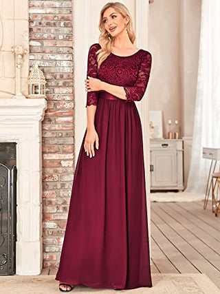 Ever-Pretty Women Lace Elegant 3/4 Sleeve Chiffon Maxi Wedding Guest Dress Burgundy US10