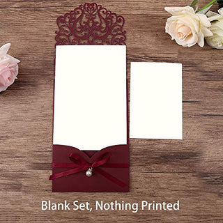 DreamBuilt 5X7.2 Inch 50PCS Blank Laser Cut Burgundy Wedding Invitations With Rsvp Cards And Envelopes And Ribbon Belly Band Pearl Embellishments Wedding Invitation Cards For Wedding Invite
