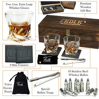 Whiskey Bullet Shaped Stones Gift Set for Men - 10 Bullets Chilling Stainless-Steel Whiskey Rocks - 11oz 2 Large Twisted Whiskey Glasses, Slate Coasters, Tongs - Premium Set in Pine Wood Box
