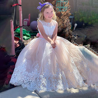 Flower Girl Dress for Wedding Kids Lace Pageant Ball Gowns (Size 2, Blush Pink)