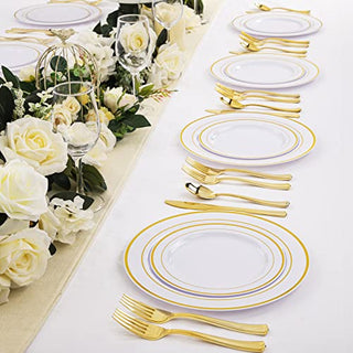 WDF 120 pieces Gold Disposable Plastic Plates - Gold Rim Plates Set of 60, Plastic Plates for Parties, Disposable Gold Party Plates, 10.25" Dinner Plates & 7.5" Salad Plates for Weddings and Holidays