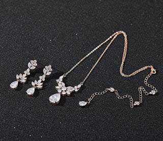 SWEETV Rose Gold Teardrop Wedding Bridal Jewelry Set for Brides Women Bridesmaid, Crystal Rhinestone Backdrop Necklace Earring Sets for Wedding Prom Party