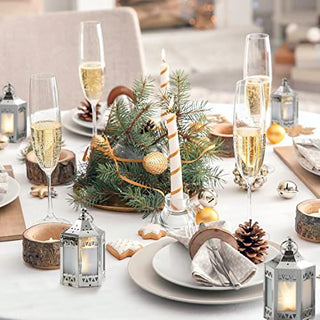 Silver Mini Lanterns with LED Star - 4.5 Inch Tall, Warm White 3D Holographic Star Light, Eid & Ramadan Decorations or Winter Wedding Centerpiece, Batteries Included - Set of 6