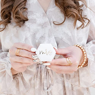 Mrs Wedding Ring Box With Gold Cursive Font | White Velvet Hexagon Ring Box for Proposal Bride Gift | Bridal Shower Gift