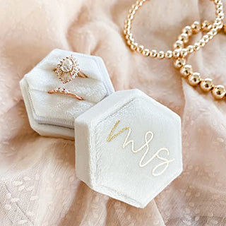 Mrs Wedding Ring Box With Gold Cursive Font | White Velvet Hexagon Ring Box for Proposal Bride Gift | Bridal Shower Gift
