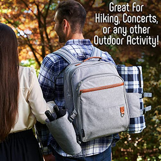 AveriFields Picnic Backpack, Durable Picnic Bag with Premium Cutlery Set for 4 Person, Large Insulated Cooler Compartment, Wine Holder, Waterproof Fleece Blanket, Tote Bag, Portable Wine Table/Tray
