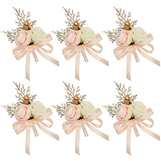 HiiARug Ivory Light Peach Rose Boutonniere for Men Wedding Set of 6 Groom Groomsmen Flower Boutonnieres Ribbon Gold Berry for Wedding Party Prom Man Suit Decoration