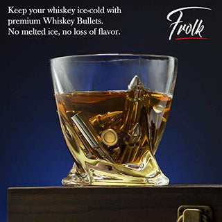 Whiskey Bullet Shaped Stones Gift Set for Men - 10 Bullets Chilling Stainless-Steel Whiskey Rocks - 11oz 2 Large Twisted Whiskey Glasses, Slate Coasters, Tongs - Premium Set in Pine Wood Box