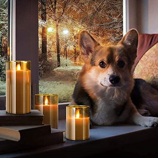 Led Flameless Candles, Battery Operated Flickering Candles Pillar Real Wax Moving Flame Electric Candle Sets Gold Glass with Remote Timer for Home Fireplace Xmas Decor, 4 in,5 in,6 in,3 Pack