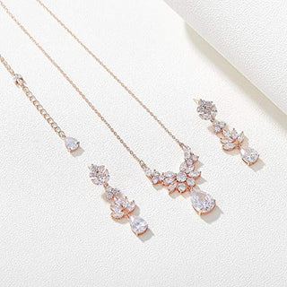 SWEETV Rose Gold Teardrop Wedding Bridal Jewelry Set for Brides Women Bridesmaid, Crystal Rhinestone Backdrop Necklace Earring Sets for Wedding Prom Party