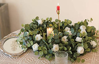 MISSPIN 6.9ft Eucalyptus Garland with Flowers -12 Lovely Peonies-Lush, Soft Artificial Eucalyptus and Rose Garland Decor, Floral Garland Greenery Garland for Wedding Table Decor （White,1）