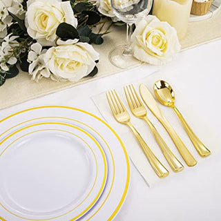 WDF 120 pieces Gold Disposable Plastic Plates - Gold Rim Plates Set of 60, Plastic Plates for Parties, Disposable Gold Party Plates, 10.25" Dinner Plates & 7.5" Salad Plates for Weddings and Holidays
