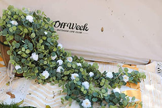 MISSPIN 6.9ft Eucalyptus Garland with Flowers -12 Lovely Peonies-Lush, Soft Artificial Eucalyptus and Rose Garland Decor, Floral Garland Greenery Garland for Wedding Table Decor （White,1）