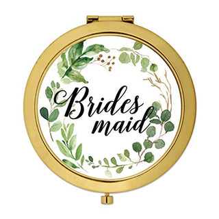 Andaz Press Compact Mirror Bridesmaid Wedding Gift, Gold, Greenery Green Leaves, 1-Pack, Bachelorette Bridal Shower Wedding Party Gifts