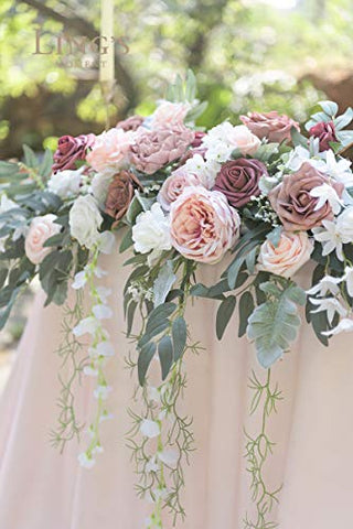 Ling's Moment Dusty Rose Artificial Headtable Flower Swag Floral Arrangement Centerpiece for Wedding Reception Sweetheart Table Decorations Tablecloth Included