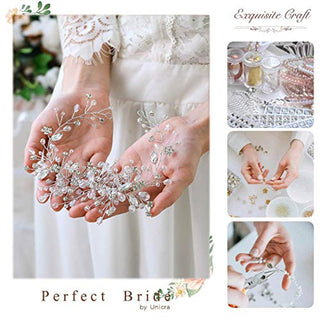 Unicra Bride Flower Wedding Hair Vine Crystal Bridal Hair Piece Rhinestone Party Hair Accessories Leaf Hair Jewelry Bead Headpiece for Women and Girls (Silver)