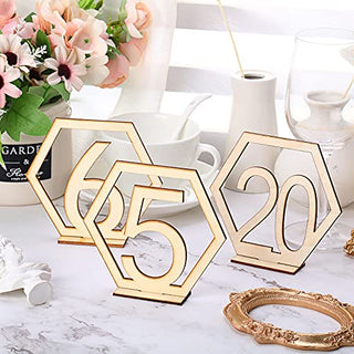 Semani 40 Pieces Wooden Table Numbers Hexagon Shape 1-40 Wedding Table Numbers Rustic Wooden Table Numbers Standing Table Numbers with Holder Base Reception Stands Decor for Wedding Event Party Supply