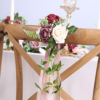 DORIS HOME Wedding Aisle Decorations Mauve Burgundy Pew Flowers Set of 10 for Wedding Ceremony Party Chair Decor with Artificial Flowers Eucalyptus and Ribbons