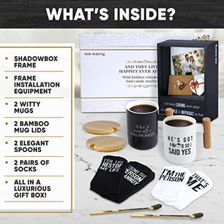 Ma Marry Engagement Gifts for Couples – Newly Engaged Couples Unique Wedding Gift Set with Engagement Gift Coffee Mugs, Shadow Box Frame, Coasters, Socks & Spoons - Cool Bridal Shower & Wedding Gifts