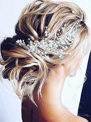 Unicra Bride Flower Wedding Hair Vine Crystal Bridal Hair Piece Rhinestone Party Hair Accessories Leaf Hair Jewelry Bead Headpiece for Women and Girls (Silver)