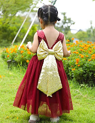 Cilucu Flower Girl Dress Baby Toddlers Sequin Dress Tutu Kids Party Dress Bridesmaid Wedding Gown Birthday Dress Wine Gold Burgundy 4T-5T