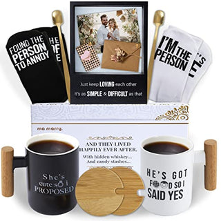 Ma Marry Engagement Gifts for Couples – Newly Engaged Couples Unique Wedding Gift Set with Engagement Gift Coffee Mugs, Shadow Box Frame, Coasters, Socks & Spoons - Cool Bridal Shower & Wedding Gifts
