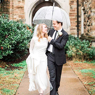 WASING 10 Pack 46 Inch Clear Bubble Umbrellas Wedding Style Large Canopy Transparent Stick Umbrellas Auto Open Windproof with White European J Hook Handle Outdoor Umbrella for Adult