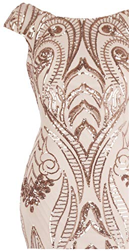 Angel-fashions Women's Women's Bateau Cap Sleeve Floral Sequin Sheath V Back Evening Dress XX-Large Light Coral