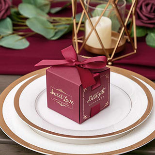 DORIS HOME 50pcs 2.5 * 2.5 * 2.5 Inch Burgundy Birthday Wedding Party Favor Boxes,Wedding Gift Bags Chocolate Candy and Gift Boxes Bridal Shower Party Paper Gift Boxes with Ribbons