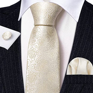 Barry.Wang Flower Ties for Men Handkerchief Cufflinks Set Wedding Necktie Set Party