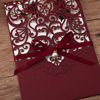 DreamBuilt 5X7.2 Inch 50PCS Blank Laser Cut Burgundy Wedding Invitations With Rsvp Cards And Envelopes And Ribbon Belly Band Pearl Embellishments Wedding Invitation Cards For Wedding Invite