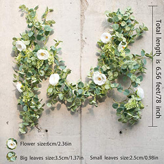 PARTY JOY 6.56ft Eucalyptus Garland with Flowers-8 White Roses, Artificial Fake Flowers Greenery Garland Floral Vines for Decoration Party Wedding Table Indoor Outdoor Backdrop Wall Decor(White)