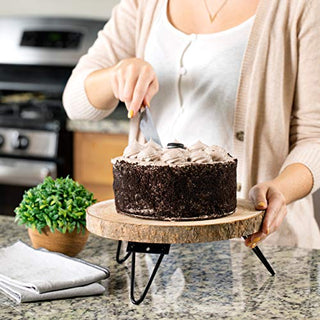 timber tree 10 inch Wood Cake Stand for Dessert Table - Round Rustic Cake Holder Tray Wooden Serving Platter Pedestal Centerpiece Decoration with Sturdy Hinged Metal Legs for Wedding Cakes