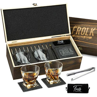 Whiskey Bullet Shaped Stones Gift Set for Men - 10 Bullets Chilling Stainless-Steel Whiskey Rocks - 11oz 2 Large Twisted Whiskey Glasses, Slate Coasters, Tongs - Premium Set in Pine Wood Box