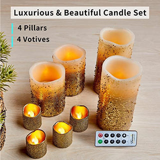 FURORA LIGHTING LED Flameless Candles with Remote – Battery-Operated Flameless Candles Bulk Set of 8 Fake Candles – Small Flameless Candles & Christmas Centerpieces for Tables, Gold Glittery