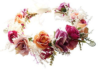 Vivivalue Rose Flower Crown Boho Flower Headband Hair Wreath Floral Headpiece Halo with Ribbon Wedding Party Festival Photos Pink