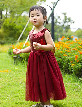 Cilucu Flower Girl Dress Baby Toddlers Sequin Dress Tutu Kids Party Dress Bridesmaid Wedding Gown Birthday Dress Wine Gold Burgundy 4T-5T