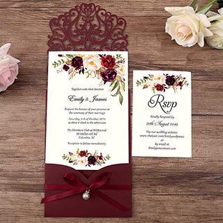DreamBuilt 5X7.2 Inch 50PCS Blank Laser Cut Burgundy Wedding Invitations With Rsvp Cards And Envelopes And Ribbon Belly Band Pearl Embellishments Wedding Invitation Cards For Wedding Invite