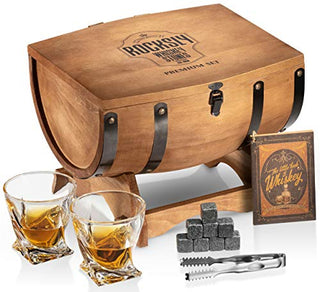 ROCKSLY Whiskey Stones Gift Set for Men in Whiskey Half Barrel Gift Box | 8 Whiskey Rocks, 2 Whiskey Glasses in a Whiskey Box Gift Set | Granite Bourbon Stones | Whiskey Kit for Men: Dad, Boyfriend