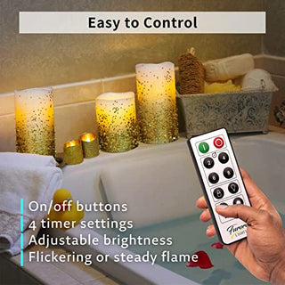 FURORA LIGHTING LED Flameless Candles with Remote – Battery-Operated Flameless Candles Bulk Set of 8 Fake Candles – Small Flameless Candles & Christmas Centerpieces for Tables, Gold Glittery