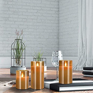 Led Flameless Candles, Battery Operated Flickering Candles Pillar Real Wax Moving Flame Electric Candle Sets Gold Glass with Remote Timer for Home Fireplace Xmas Decor, 4 in,5 in,6 in,3 Pack