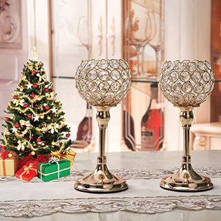 VINCIGANT Gold Crystal Pillar Candlestick Holders Set of 2 for Wedding Coffee Table Decorative Centerpieces/Anniversary Celebration House Decor Gifts, 10 Inches Tall