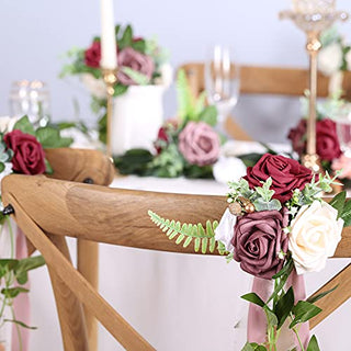 DORIS HOME Wedding Aisle Decorations Mauve Burgundy Pew Flowers Set of 10 for Wedding Ceremony Party Chair Decor with Artificial Flowers Eucalyptus and Ribbons
