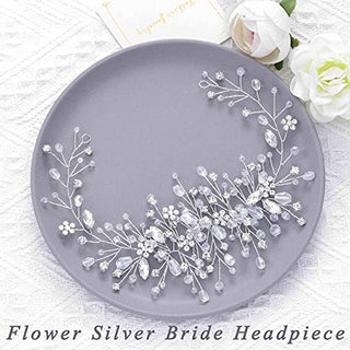 Unicra Bride Flower Wedding Hair Vine Crystal Bridal Hair Piece Rhinestone Party Hair Accessories Leaf Hair Jewelry Bead Headpiece for Women and Girls (Silver)